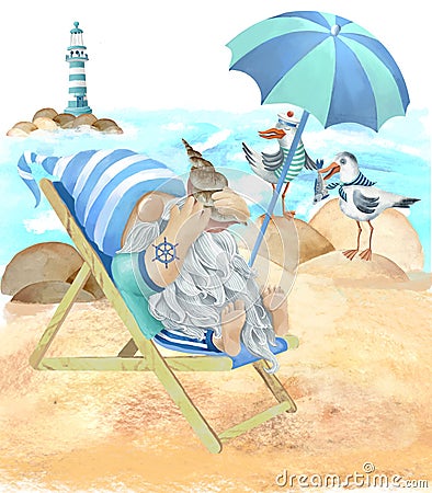 cartoon gnome with a seashell sits in a sun lounger under a parasol on the seashore, watercolor illustration, Cartoon Illustration