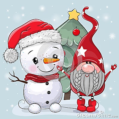 Cartoon Gnome and snowman near the Christmas tree Vector Illustration