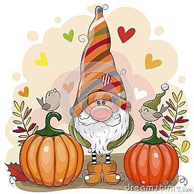 Cartoon Gnome with two pumpkins and birds Vector Illustration