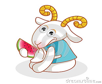 Cartoon goat eating watermelon Stock Photo