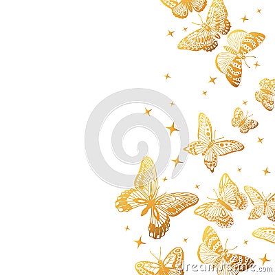 Cartoon gold butterflies pattern, gorgeous butterfly background. Flying golden butterfly flock, gorgeous exotic moths flat vector Vector Illustration