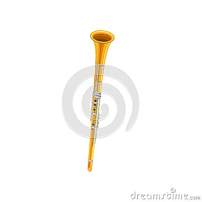 Cartoon golden clarinet. Cylindrical tube with flared end and holes stopped by keys. Wind musical instrument. Flat Vector Illustration