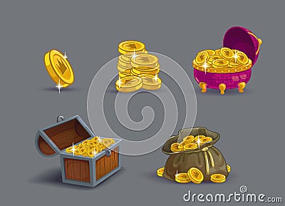 Cartoon golden coins icons set. Vector Illustration