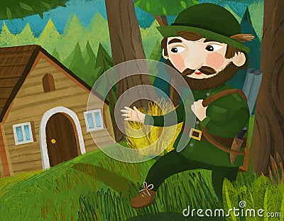 Cartoon good hunter forester near wooden house Cartoon Illustration