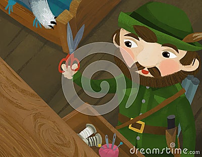 Cartoon good hunter in wooden house tailoring Cartoon Illustration