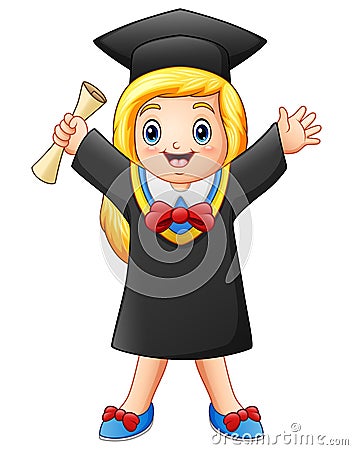 Cartoon graduate girl with diploma Vector Illustration