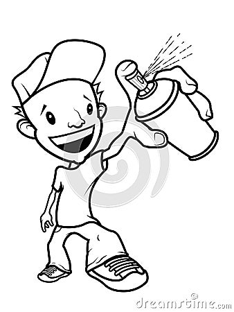 Cartoon graffiti writer character smiling with a paint spray on the hand. Black line on white Vector Illustration