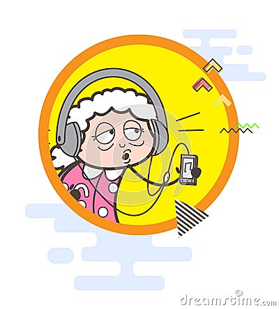 Cartoon Grandma Listening Song Vector Graphic Stock Photo