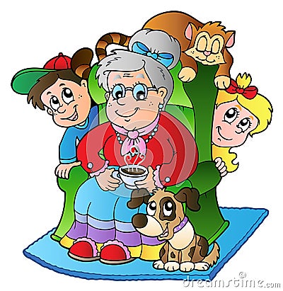 Cartoon grandma with two kids Vector Illustration