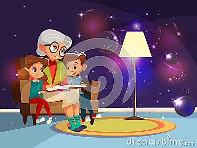 cartoon grandmother reading to girl boy Stock Photo