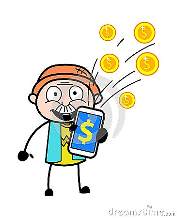 Cartoon Grandpa showing Mobile Money Stock Photo