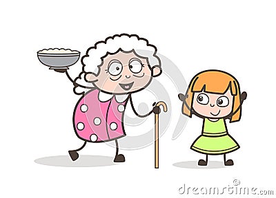 Cartoon Granny Presenting Dish to Her Granddaughter Vector Illustration Stock Photo