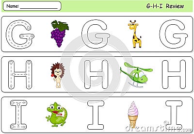 Cartoon grapes, giraffe, hedgehog, helicopter, ice cream and iguana. Alphabet tracing worksheet Vector Illustration