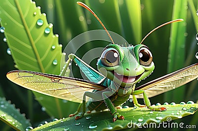 grasshopper character, wearing a cheerful smile and oversized eyes, Stock Photo