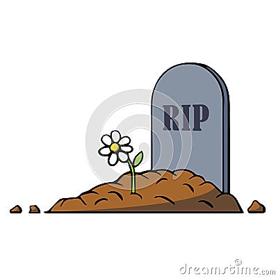 Cartoon grave with tombstone and flower. Vector illustration Cartoon Illustration