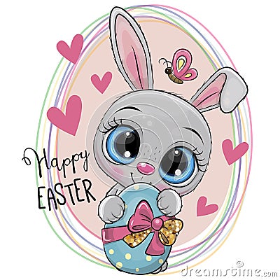 Cartoon Gray Bunny with Easter egg Vector Illustration