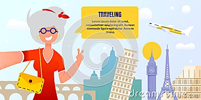 Mature Senior Woman Traveling Round World Poster Vector Illustration