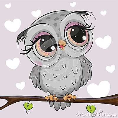 Cartoon Gray owl is sitting on a branch Vector Illustration