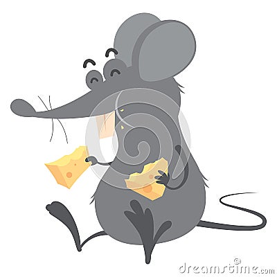 Cartoon gray rat eating cheese, vector Vector Illustration