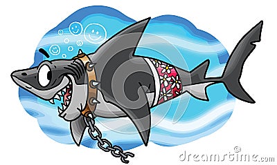 Cartoon great white shark brakes free from his chains vector Vector Illustration