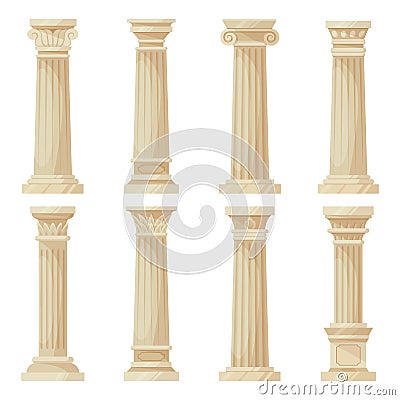Cartoon greek columns. Cartoon ancient pillars, doric, ionic and corinthian ornaments, antique colonnade decoration flat vector Vector Illustration