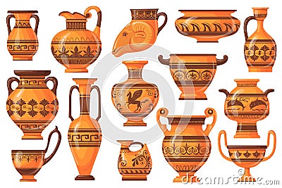 Cartoon greek pots. Ancient pottery ceramic vases, old antique pot jug jars vase, isolated collection craft earthenware Vector Illustration