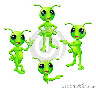 Cartoon Green Alien Set Vector Illustration