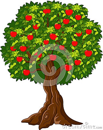 Cartoon Green Apple tree full of red apples Vector Illustration