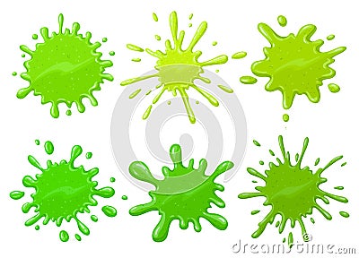 Cartoon green blots. Halloween dripping sticky alien slime splatter isolated vector illustration set. Green sticky slime Vector Illustration