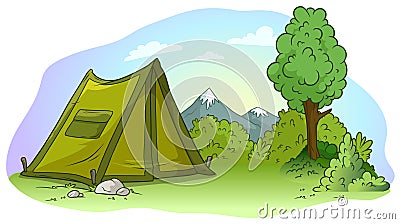 Cartoon green camping tent on grass lawn Vector Illustration