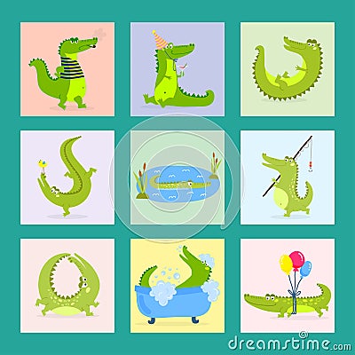 Cartoon green crocodile funny predator australian wildlife river reptile alligator flat vector illustration. Vector Illustration