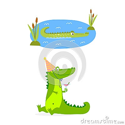 Cartoon green crocodile funny predator australian wildlife river reptile alligator flat vector illustration. Vector Illustration