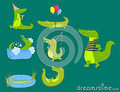 Cartoon green crocodile funny predator australian wildlife river reptile alligator flat vector illustration. Vector Illustration