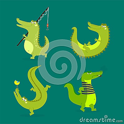 Cartoon green crocodile funny predator australian wildlife river reptile alligator flat vector illustration. Vector Illustration
