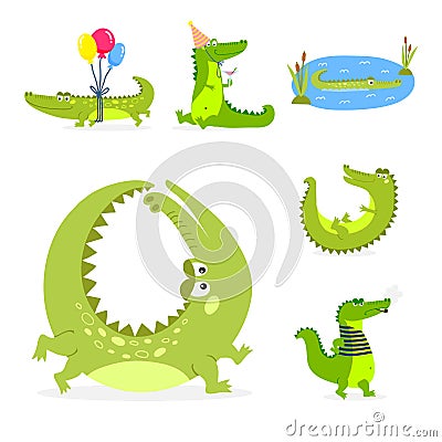 Cartoon green crocodile funny predator australian wildlife river reptile alligator flat vector illustration. Vector Illustration