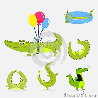 Cartoon green crocodile funny predator australian wildlife river reptile alligator flat vector illustration. Vector Illustration