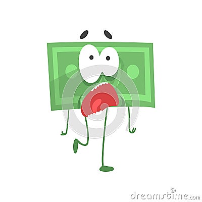 Cartoon green dollar with scared face expression. Funny money character with legs, arms and big eyes. Unit of currency Vector Illustration