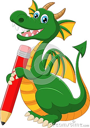 Cartoon green dragon holding red pencil Vector Illustration