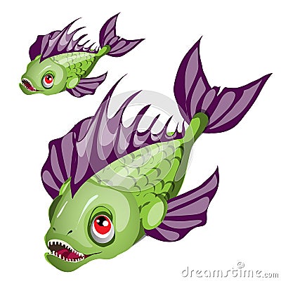 Cartoon green fish with purple fins and sharp teeth isolated on white background. Vector cartoon close-up illustration. Vector Illustration