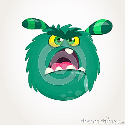 Cartoon green horned monster with angry expression opened mouth full of saliva. Vector illustration isolated. Vector Illustration