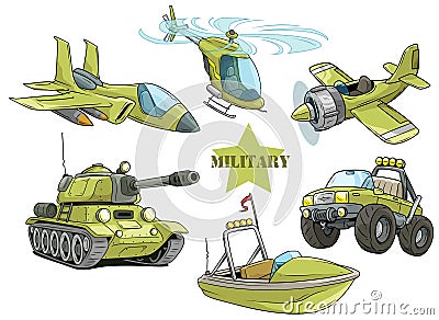 Cartoon green military army vehicles vector set Vector Illustration