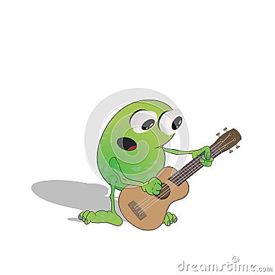 Cartoon green monster frog with big eyes plays on the ukulele. isolated on a white background. vector illustration Stock Photo