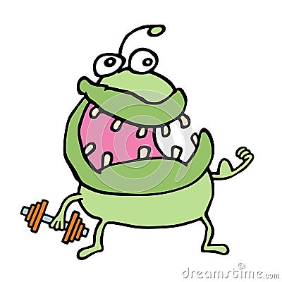 Cartoon green monster keeps a dumbbell. Vector illustration. Vector Illustration