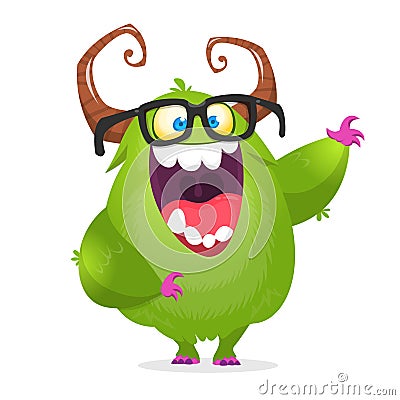 Cartoon green monster nerd wearing glasses. Vector illustration of excited monster character Vector Illustration