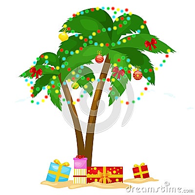 Cartoon green palm tree surrounded with christmas presents Vector Illustration