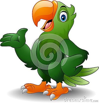 Cartoon green parrot presenting Vector Illustration