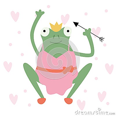 Cartoon green princess frog in a pink dress with a crown and an arrow Vector Illustration