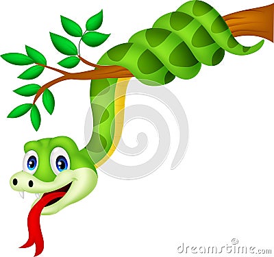 Cartoon green snake on branch Vector Illustration