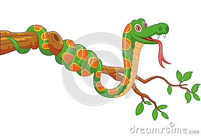 Cartoon green snake on branch Vector Illustration