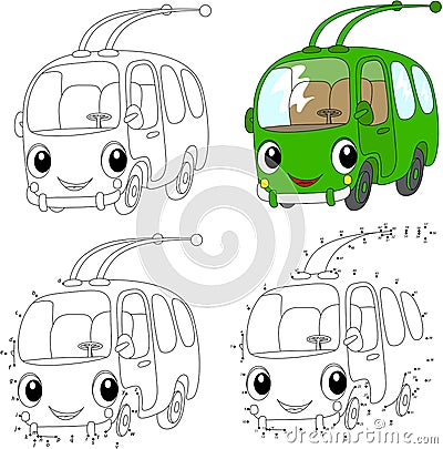 Cartoon green trolleybus. Vector illustration. Coloring and dot Vector Illustration